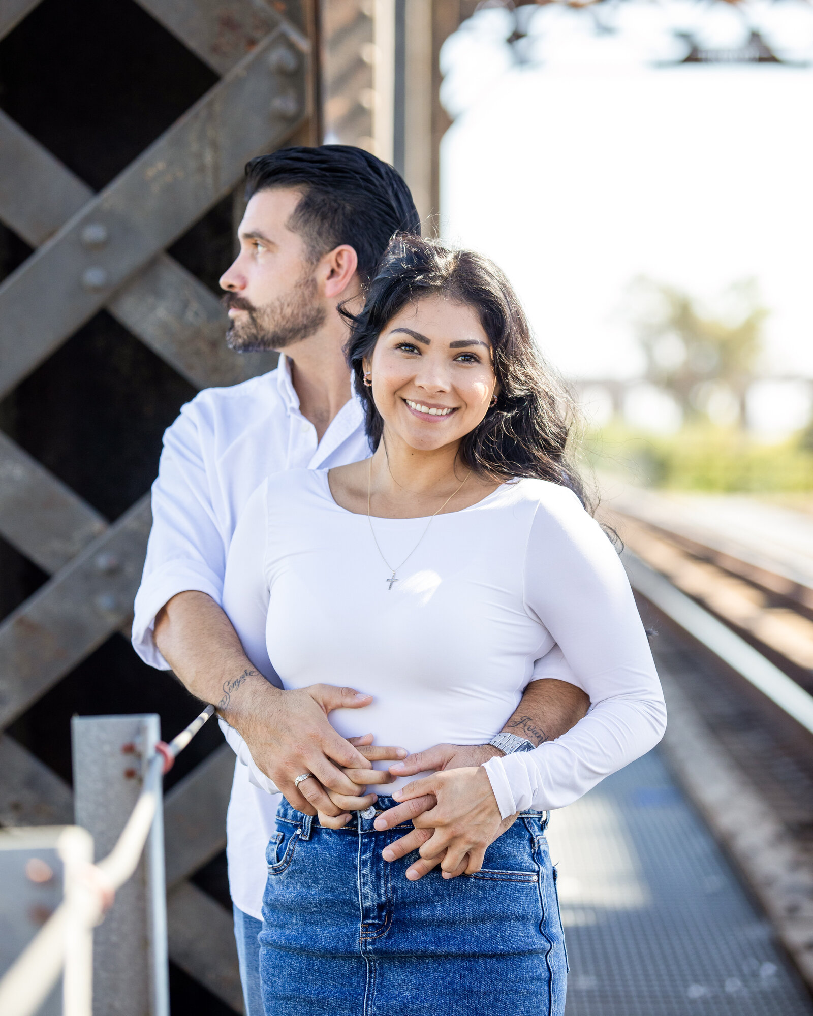 Engaged couple at a railroad trestle in the Reno-Tahoe area